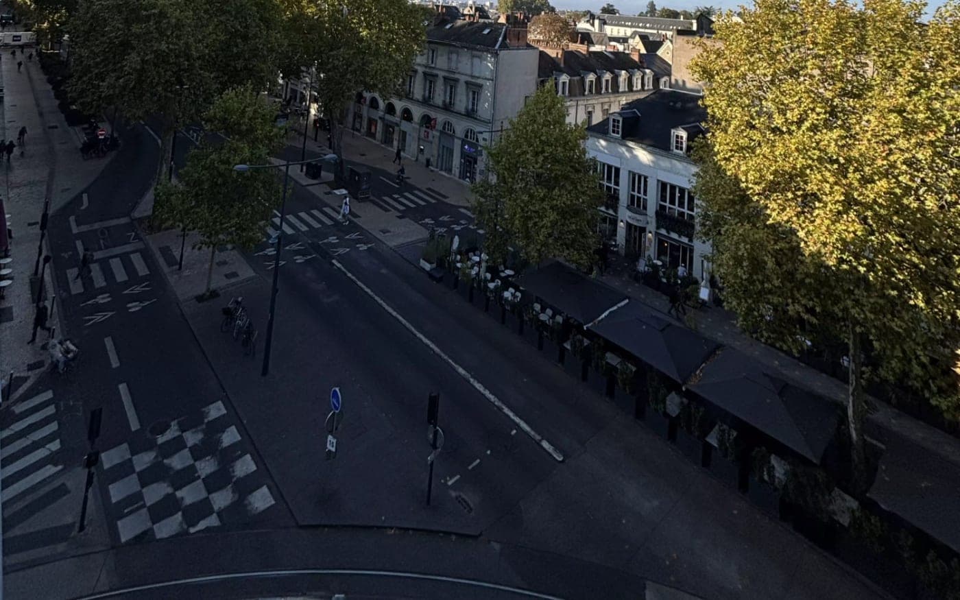 Vue sur les toits et les arbres d’une avenue de Tours, depuis une fenêtre en hauteur.
